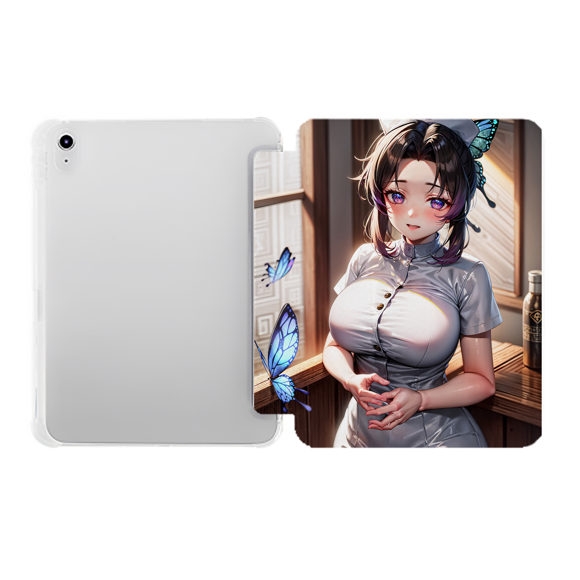 （画像用） 鬼滅の刃（きめつのやいば）蟲柱-胡蝶 しのぶ／こちょう しのぶ Kochou Shinobu IPad ケース ペン収納付き 三つ折りスタンド PUレザー×シリコン 対応機種9.5/10.5/10.9インチ